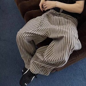 春秋复古慵懒松弛宽松竖条纹休闲裤男女潮直筒裤拖地裤K6542-P52