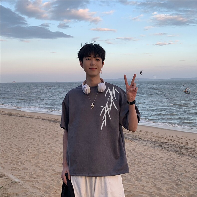抖音品质夏季新中式风竹叶印花宽松短袖T恤djp306-特批23-控39,男装T恤,星座605(原A050)