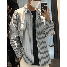 港风日系竖条纹衬衫男士春秋季休闲宽松衬衣男长袖外套CB417，男装衬衫，星座1116A（原606A-3）