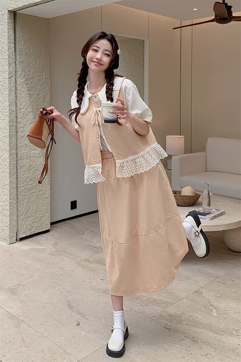 蕾丝拼接马甲半身裙两件套女2025夏季新款高级感独特绝美减龄套装,女装连衣裙,2C285