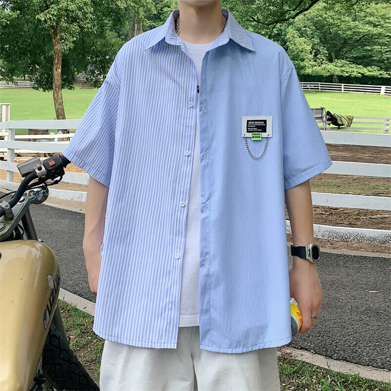高品质全棉冰丝条纹短袖衬衫港风撞色衬衣XCS222-特P29控58,男装T恤,电商B370