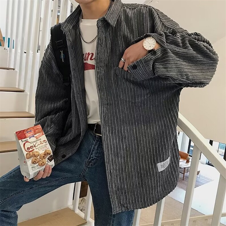 日系叠穿竖条纹长袖衬衫男女复古2025春秋季穿搭宽松休闲衬衣外穿,男装衬衫,星座715-4
