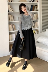 韩系复古小个子镂空毛衣+长款高腰连衣裙设计感小众百褶裙女，女装连衣裙，浙宝220