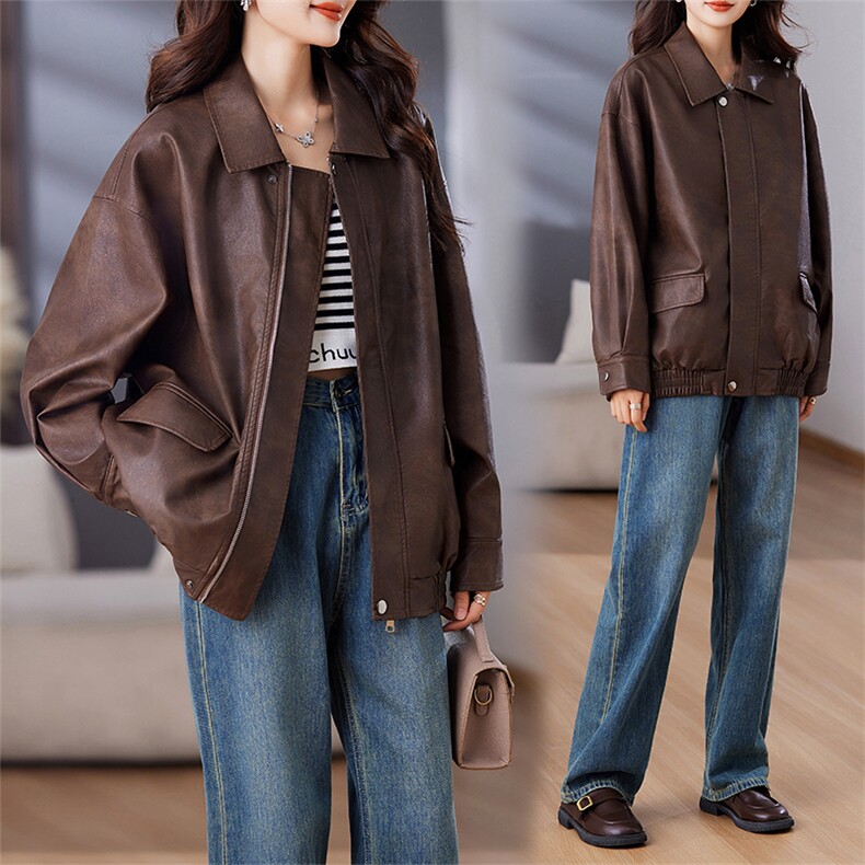 棕色皮衣外套女2024秋季新款小个子港风复古美式皮夹克美拉德机车图片