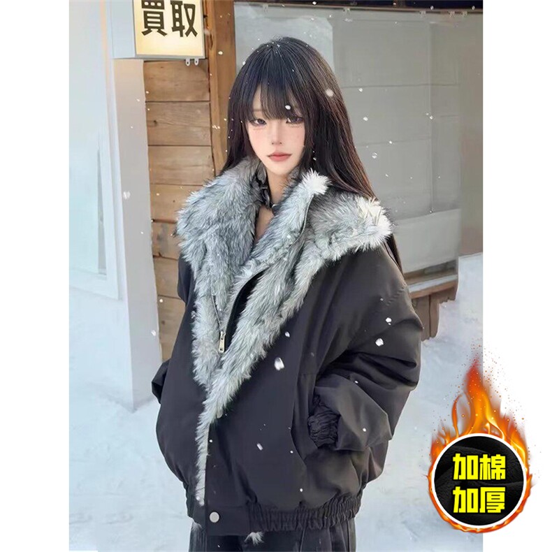 现货高品质美式高街重磅狼王座山雕毛毛领假两件棉衣加厚棉服外套,男装棉衣,电商A443