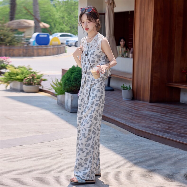 小香风套装女2025夏新款巨好看的松弛感老钱风亚麻无袖阔腿裤穿搭,女装套装/套裙,依路服饰