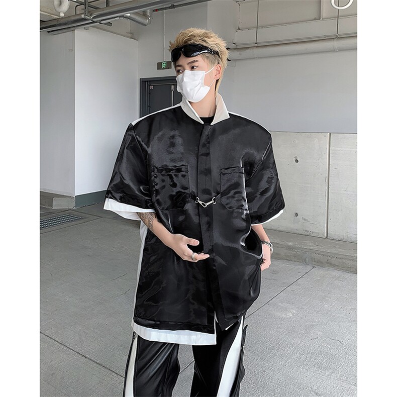 现货!24夏季亮面假两件双层铁扣短袖衬衫MJ1039-p95,男装衬衫,电商B288
