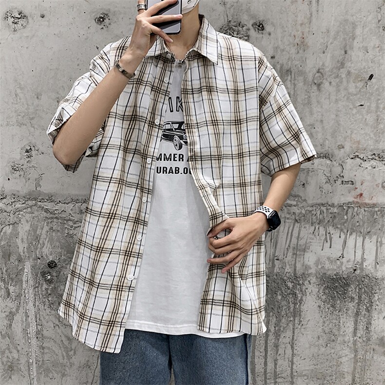 21年夏季短袖衬衫男宽松落肩港风格子衬衫男DS-C407-CS309-P35,男装衬衫,电商C323-1