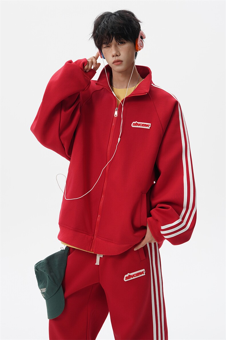 8XL-M条纹撞色开衫新年红卫衣运动套装潮牌运动服校园风TZ114P118,男装休闲套装,电商D206-1