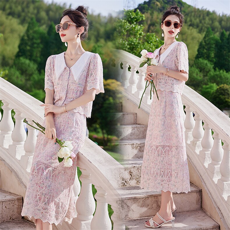 大码女装胖mm小香风盘扣蕾丝绣花连衣裙夏季假两件显瘦茶歇裙，女装套装/套裙，依路服饰