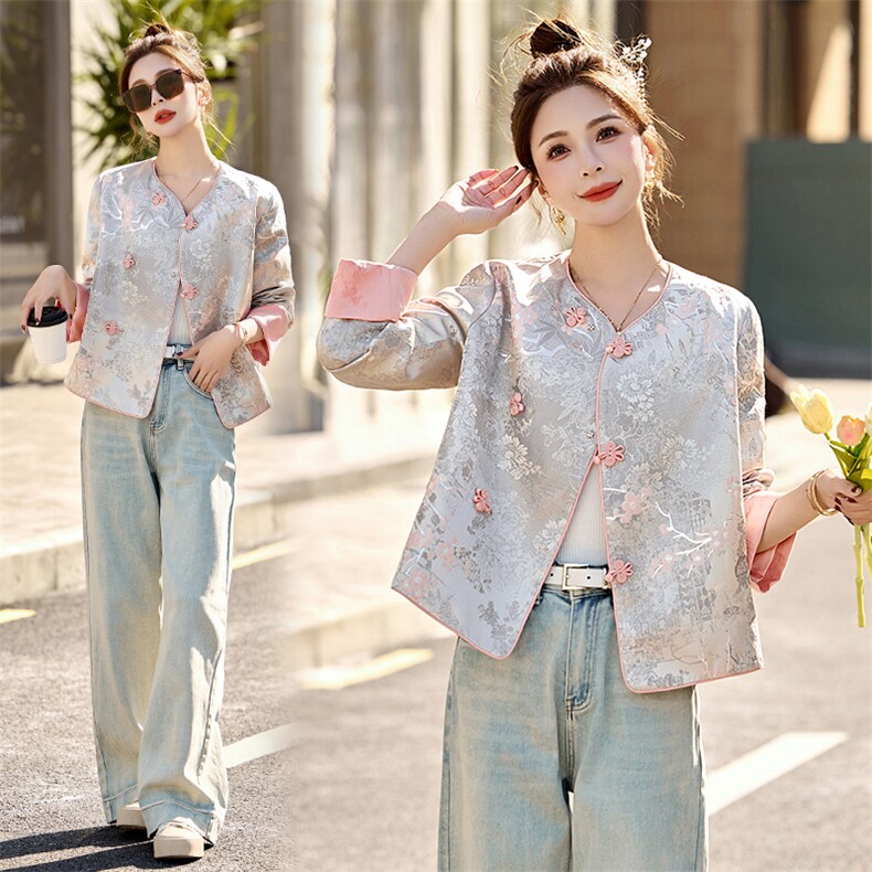 新中式气质国风提花外套女2025春秋新款洋气漂亮今年流行盘扣上衣，女装短外套，伊仟回