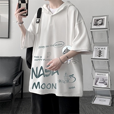 LD54187-P45NASA联名同款连帽短袖t恤男大码胖子带帽五分袖大皂风，男装T恤，电商A040
