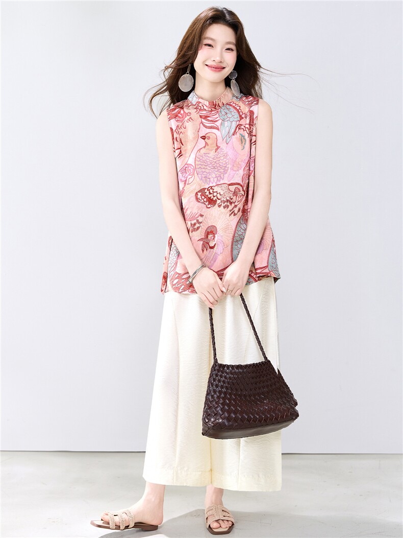 夏季新款现货！2026新中式洋气撞色印花上衣+宽松阔腿裤两件套装,女装套装/套裙,宝儿家