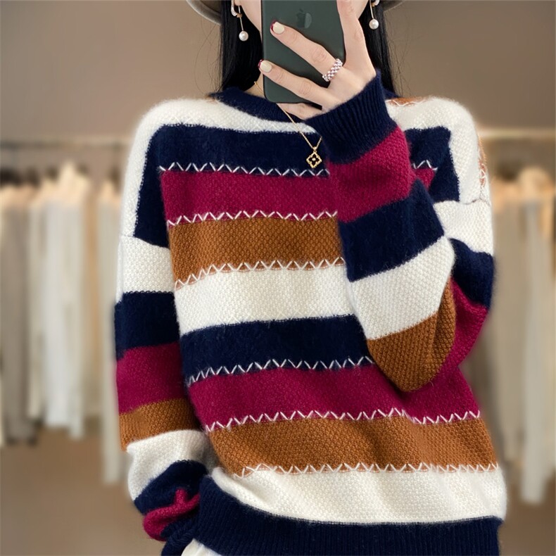 圆领拼色羊毛衫女百搭加厚长袖毛衣宽松慵懒风羊绒衫打底衫,女装羊绒衫,琳华羊绒