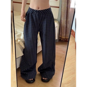 松紧腰蓝格子慵懒随性长裤休闲睡裤直筒长裤,男装休闲裤,四季星座505