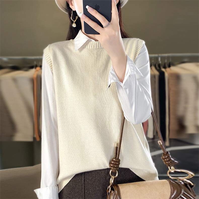 秋冬圆领纯棉针织背心女叠穿无袖外穿坎肩简约文艺复古毛衣马甲潮，女装马甲，阁惠羊绒