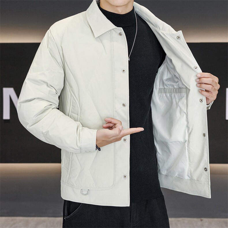 白色翻领轻薄羽绒服男冬季新款拼接设计高级感假两件保暖夹克外套,男装羽绒服,星座914