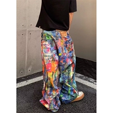 潮牌夏季泼墨涂鸦牛仔裤男士宽松直筒油画风长裤阔腿裤子NK1146，男装牛仔裤，星座1116A（原606A-3）