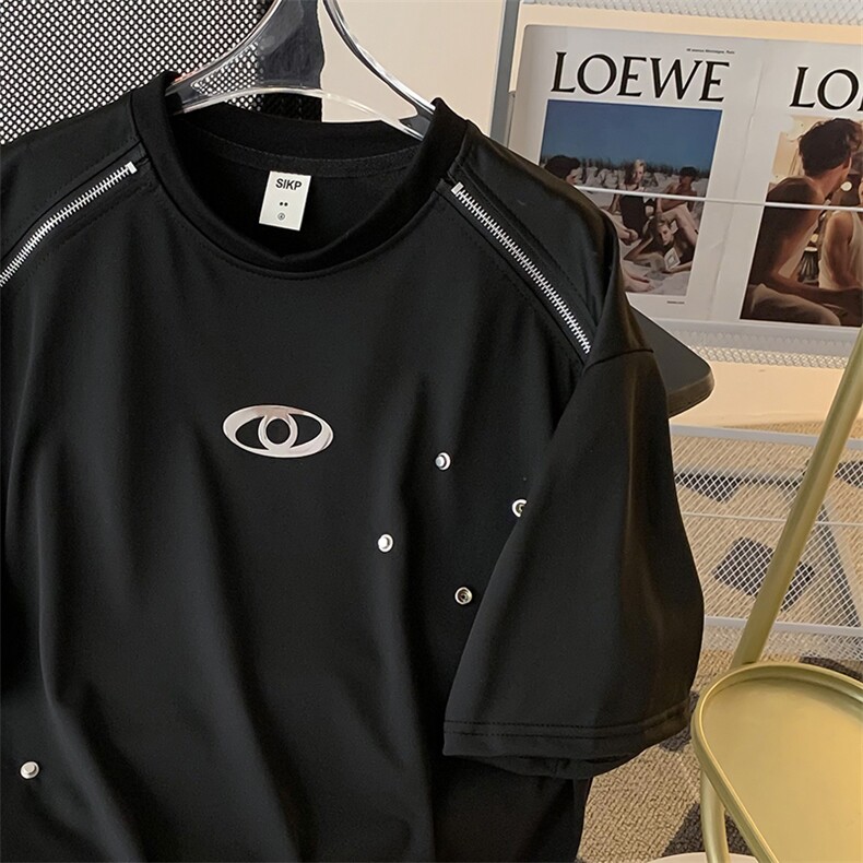 港风夏款男短袖T恤拉链铆钉宽松T恤衫T148P40,男装T恤,星座1013-1