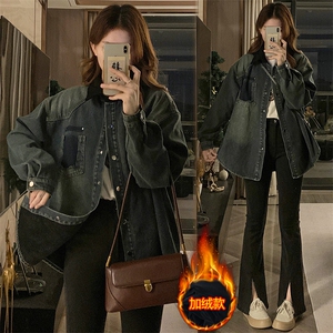 加绒加厚牛仔衬衫女复古灯芯绒拼接Polo领春秋冬潮 C634-98图片