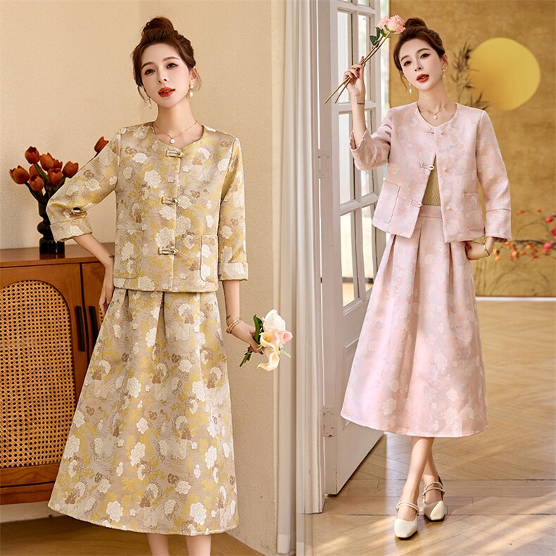 2025春季新中式国风刺绣提花粉色短款外套女半身裙子时尚两件套装，女装套装/套裙，罗得堡