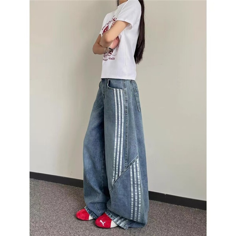 美式复古三条杠解构弯刀牛仔裤男女春秋拼接设计感镰刀阔腿长裤子,女装休闲裤,星座1210-1