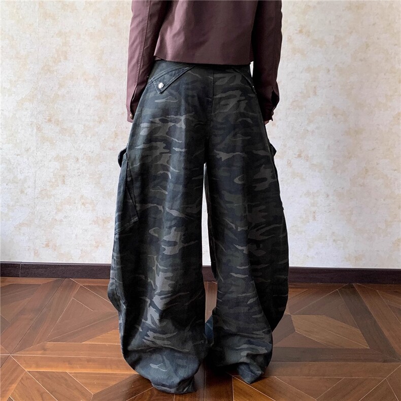美式多口袋迷彩褶皱直筒工装裤街头做旧宽松弯刀长裤男女,男装工装外套,星座1210-1