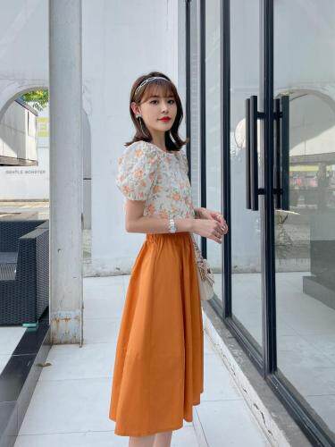 夏季新款刺绣印花橘色少女套裙，女装，水锦红
