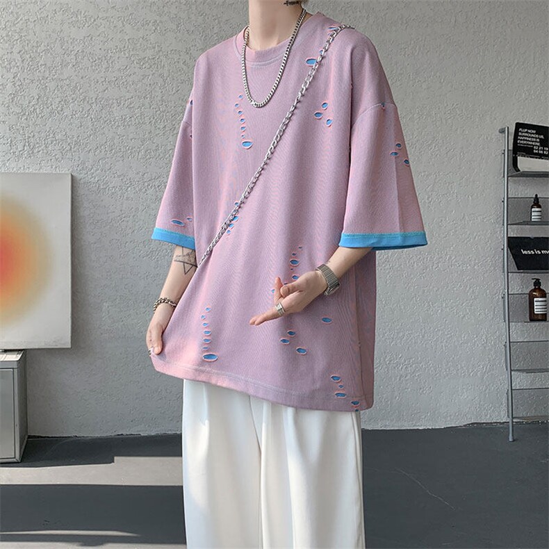 T10137-特批33控68开口笑高品质夏季大码短袖破洞潮流百搭T恤,男装T恤,电商A059