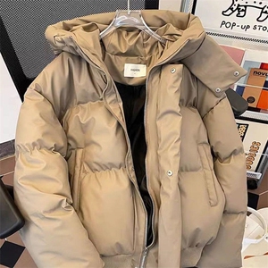 现货5W件冬季三防重磅boxy短款羽绒连帽PU皮棉衣外套防风加厚棉服图片