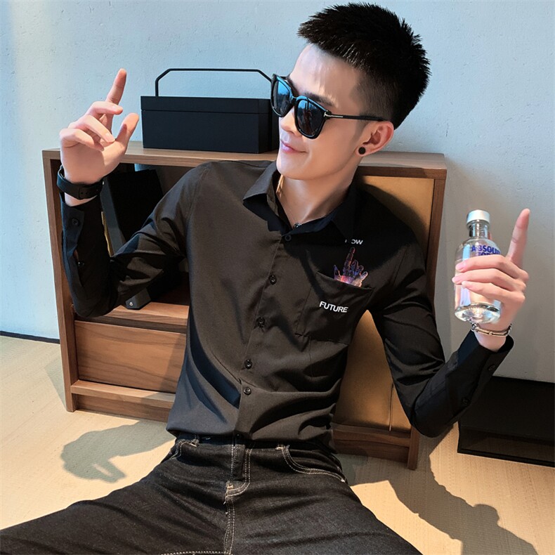 CS009 P55控78 2021春秋社会小伙修身翻领重工潮流衬衣衬衫男黑图片