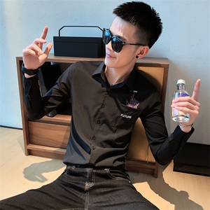 CS009 P55控78 2021春秋社会小伙修身翻领重工潮流衬衣衬衫男黑图片