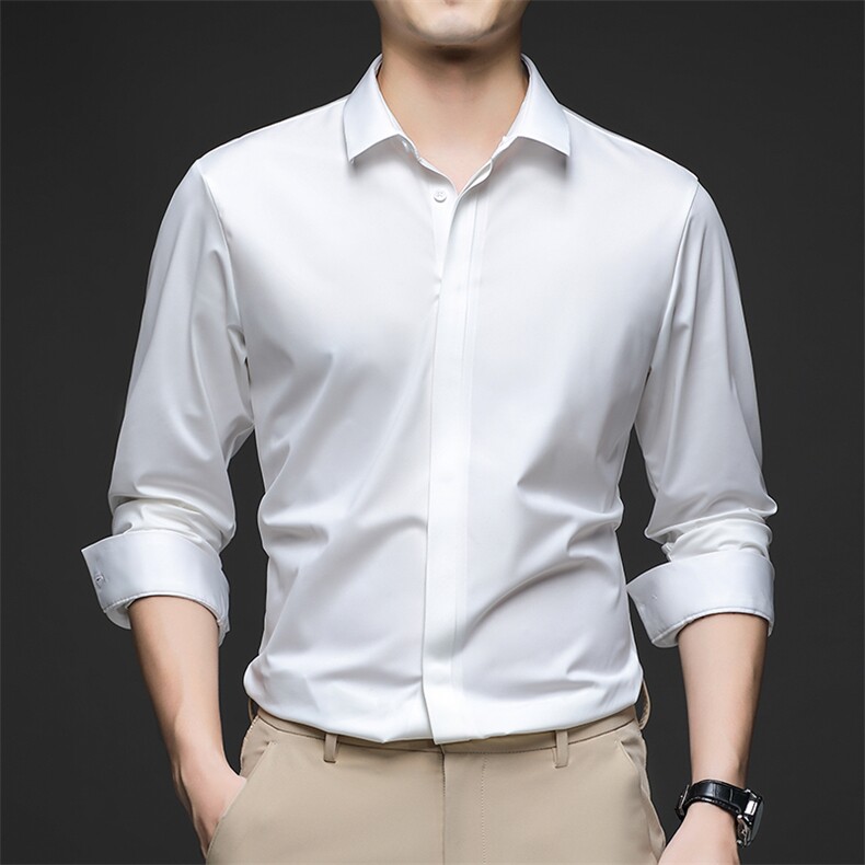 弹力无痕长袖衬衫男翻领宽松上衣2024春季新款男士商务休闲衬衣图片