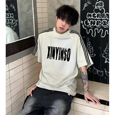抖音得物品质二开240克宽松纯棉美式潮牌印花三条杠中性风短袖T恤，男装T恤，电商A486-1