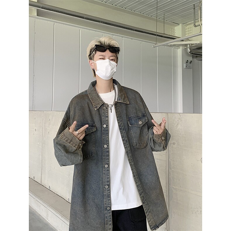 复古水洗做旧牛仔衬衫外套潮牌高街宽松时尚休闲上衣,男装衬衫,星座410-7