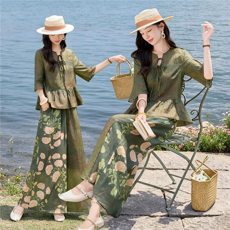 时尚苎麻印花拼接阔腿裤扎染宽松上衣复古风套装女,女装套装/套裙,水衣源