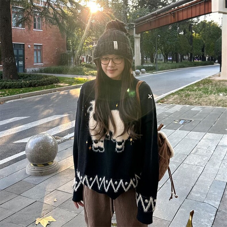 韩版潮流甜美趣味小羊提花黑色保暖毛衣女秋冬季新款宽松针织衫潮,男装针织衫/毛衣,星座506A