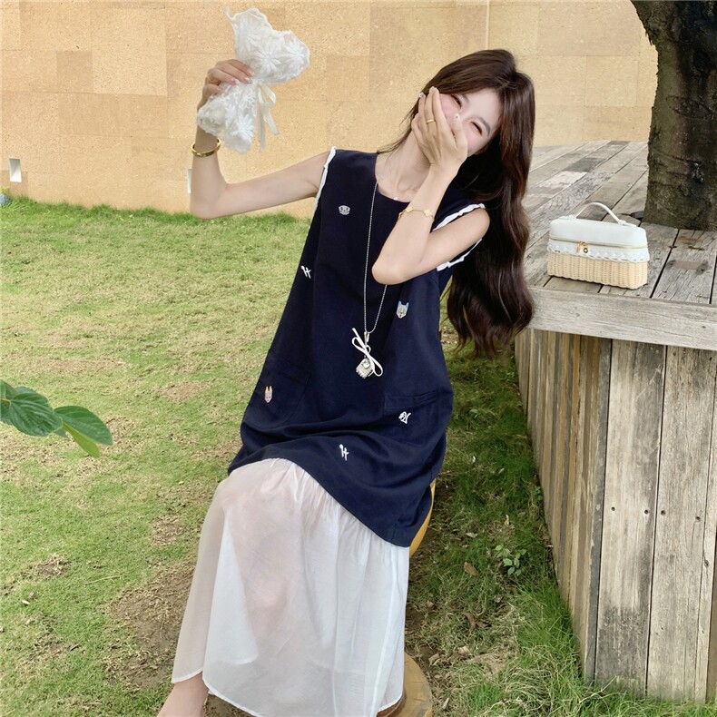 刺绣无袖连衣裙女夏季2026新款韩系减龄休闲甜美假两件拼接背心裙,女装连衣裙,艾米莉亚
