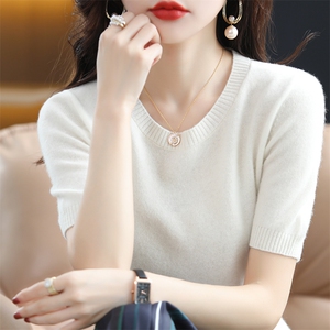 春夏圆领短袖女羊毛衫宽松短款打底衫半袖针织衫薄款中袖羊绒毛衣图片