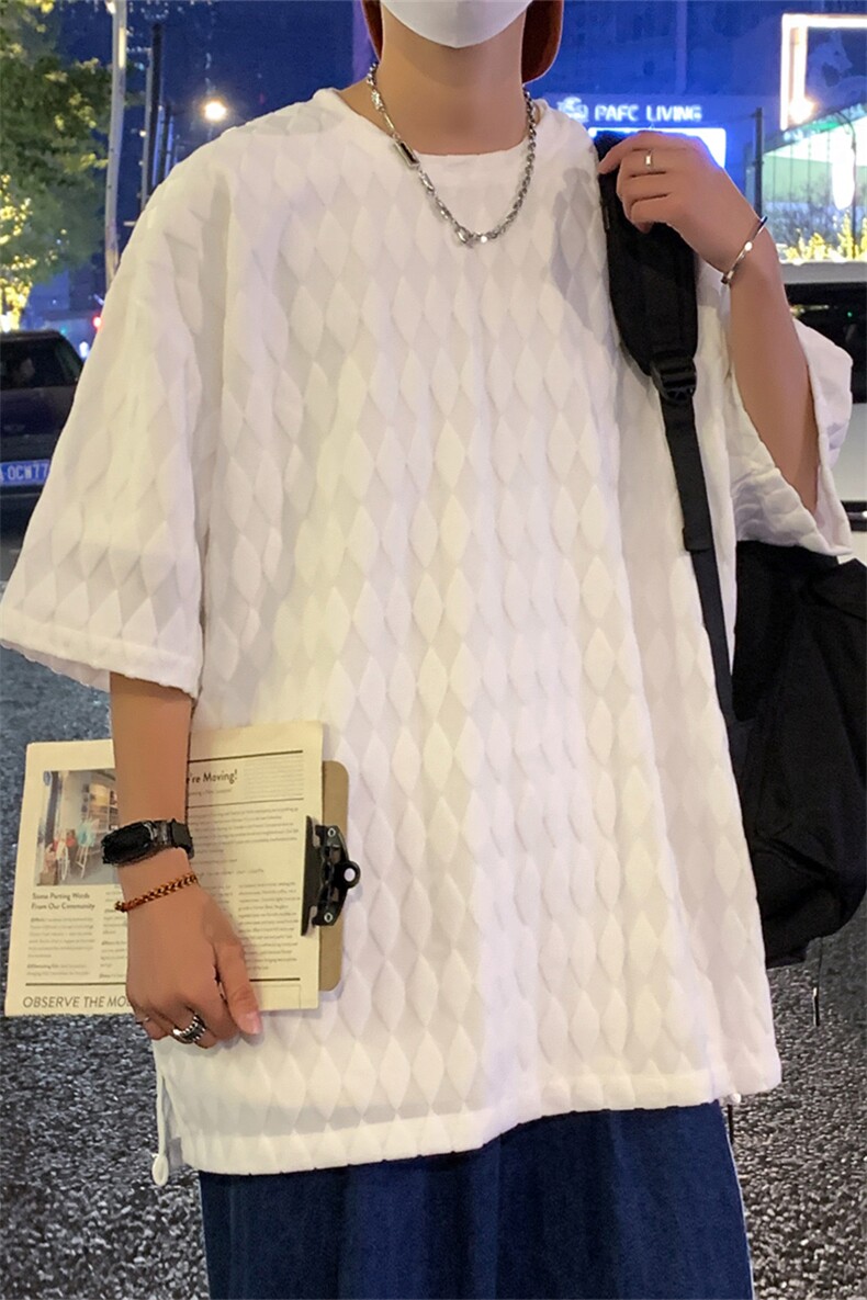 T8043/P30夏季中性风重磅个性菱形格子短袖T恤男大码开叉上衣,男装T恤,电商A141