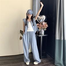复古松弛感穿搭套装女夏季2025新款宽松无袖背心显瘦阔腿裤两件套，女装套装/套裙，2C159