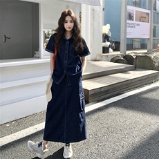 韩系慵懒chic套装裙女初夏穿搭2025新款薄款牛仔衬衫半身裙两件套，女装套装/套裙，2C176