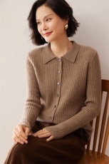 2025秋冬新款羊绒女士12针抽条POLO领羊绒开衫，女装羊绒衫，拓驰羊绒