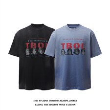 （重磅350克双纱）洗水做旧宽松圆领情侣短袖T恤1015-T611-P65，男装T恤，四季星座1015