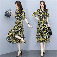 雪纺长袖连衣裙春秋装2022新款女收腰气质复古碎花衬衫裙子，女装连衣裙，妙形