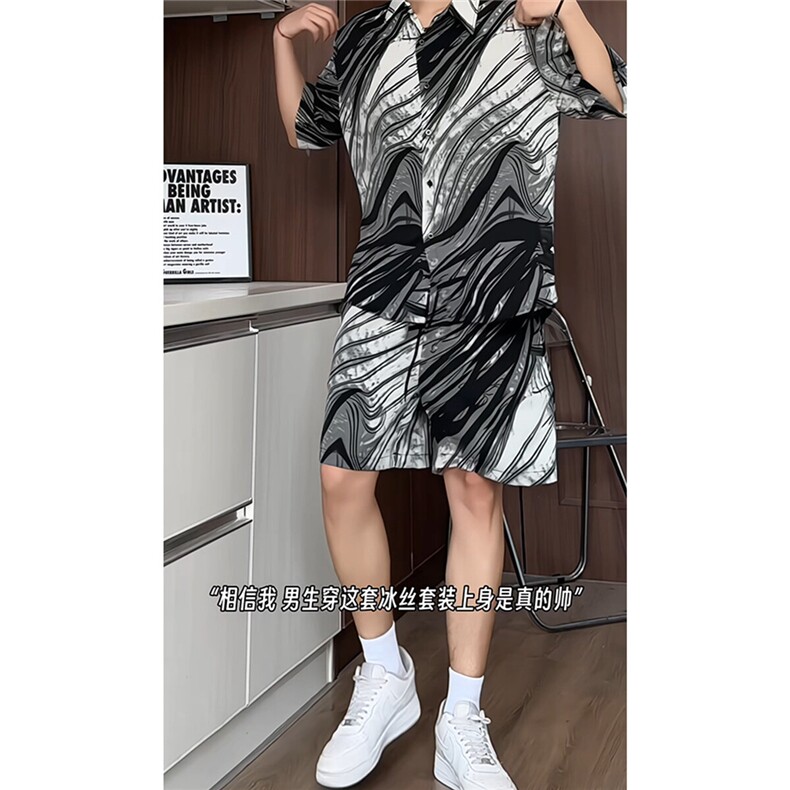冰丝水墨短裤男短袖衬衫男套装男M-5XL大码TZ78713P50控98模特图,男装牛仔裤,星座226-1