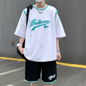 纯棉夏季短袖T恤套装宽松潮流篮球服男两件套男装F311P58图片