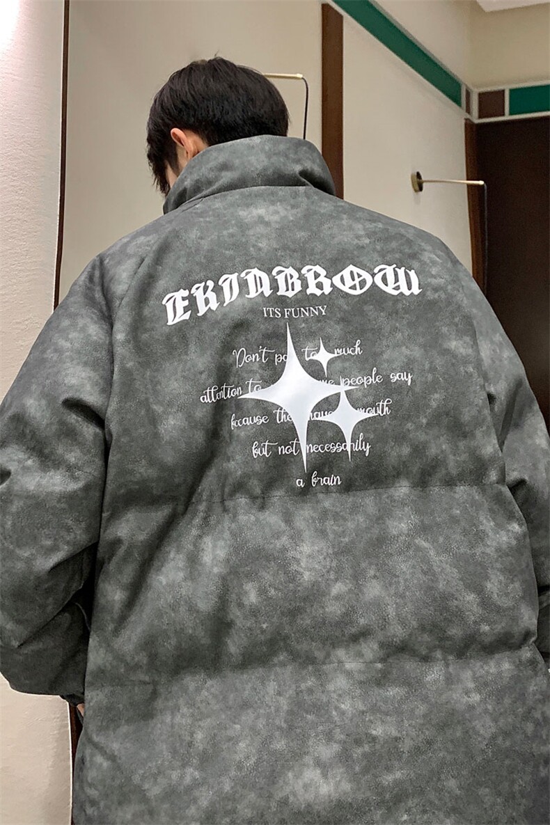 港风PU皮复古做旧可拆卸四芒星胸针设计棉衣男MY77721P128控168,男装棉衣,星座227-7