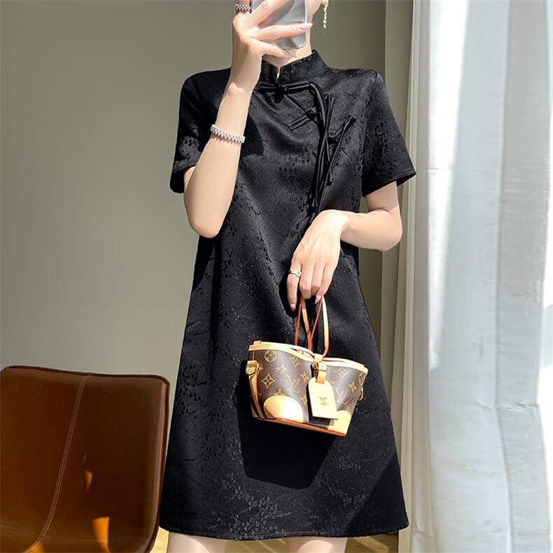 重工提花日常年轻款醋酸缎面旗袍裙女夏复古新中式国风短袖连衣裙,女装连衣裙,佳绒高端店