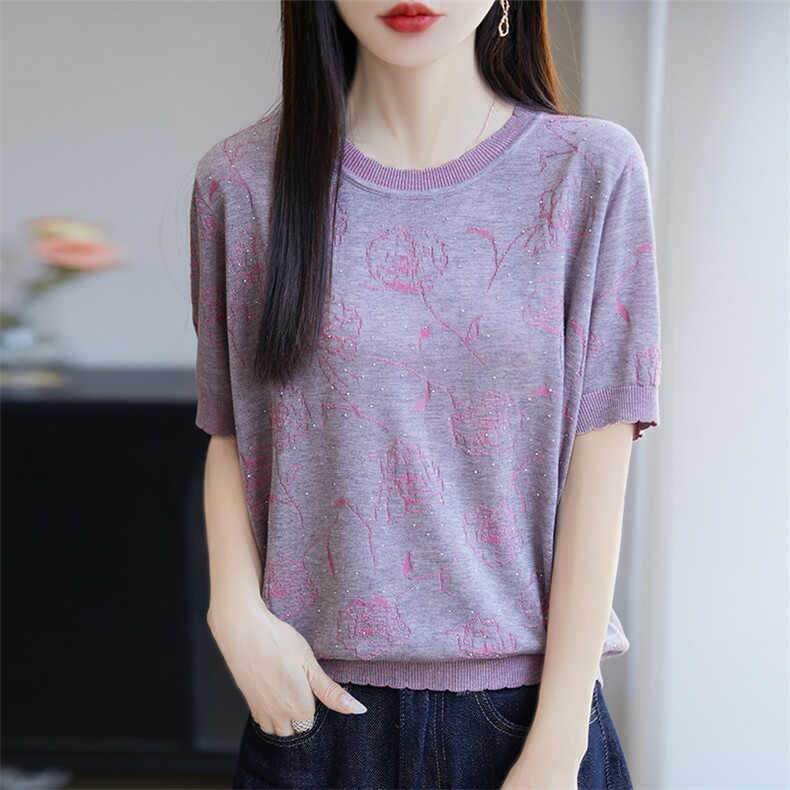 莱赛尔天丝烫钻针织短袖T恤女2025夏季轻薄凉感宽松气质小衫上衣,针织衫/毛衣,唐诺